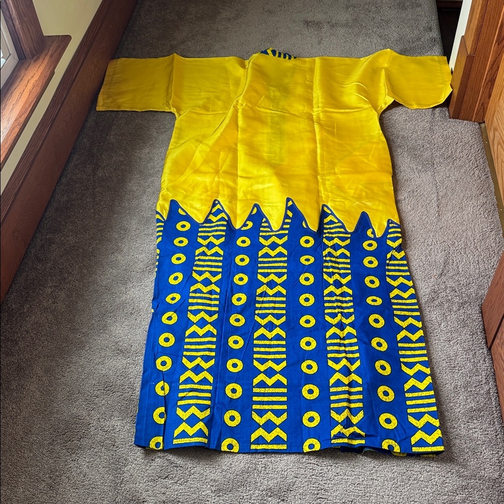 Yellow/Blue Satin Two Piece African Dress Set SIZE S-XL - Picture 6 of 7